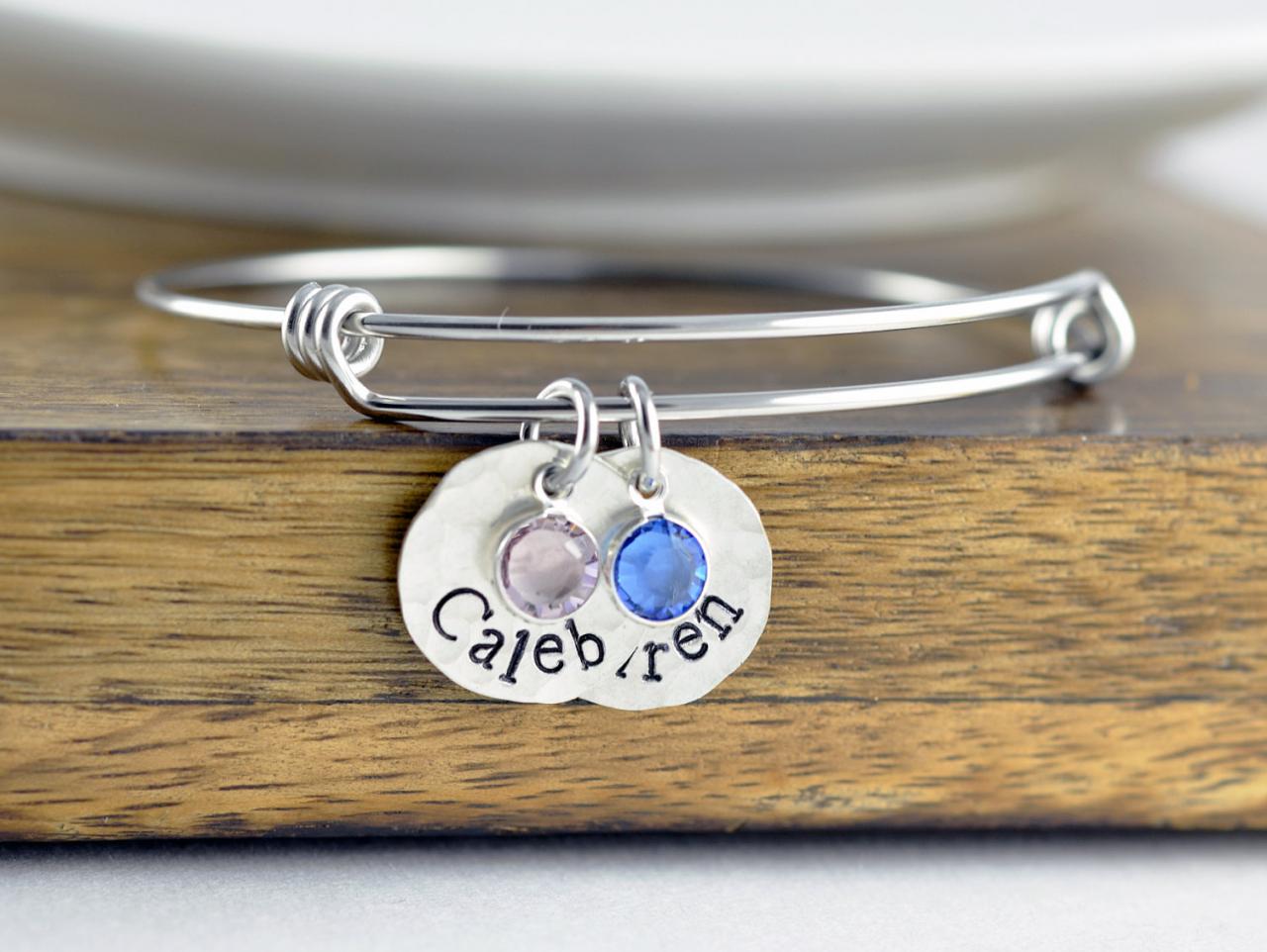 Mom Bangle Bracelet - Personalized Birthstone Name Charm Bracelet - Hand Stamped Bangle Bracelet - Personalized Bracelet - Silver Bracelet