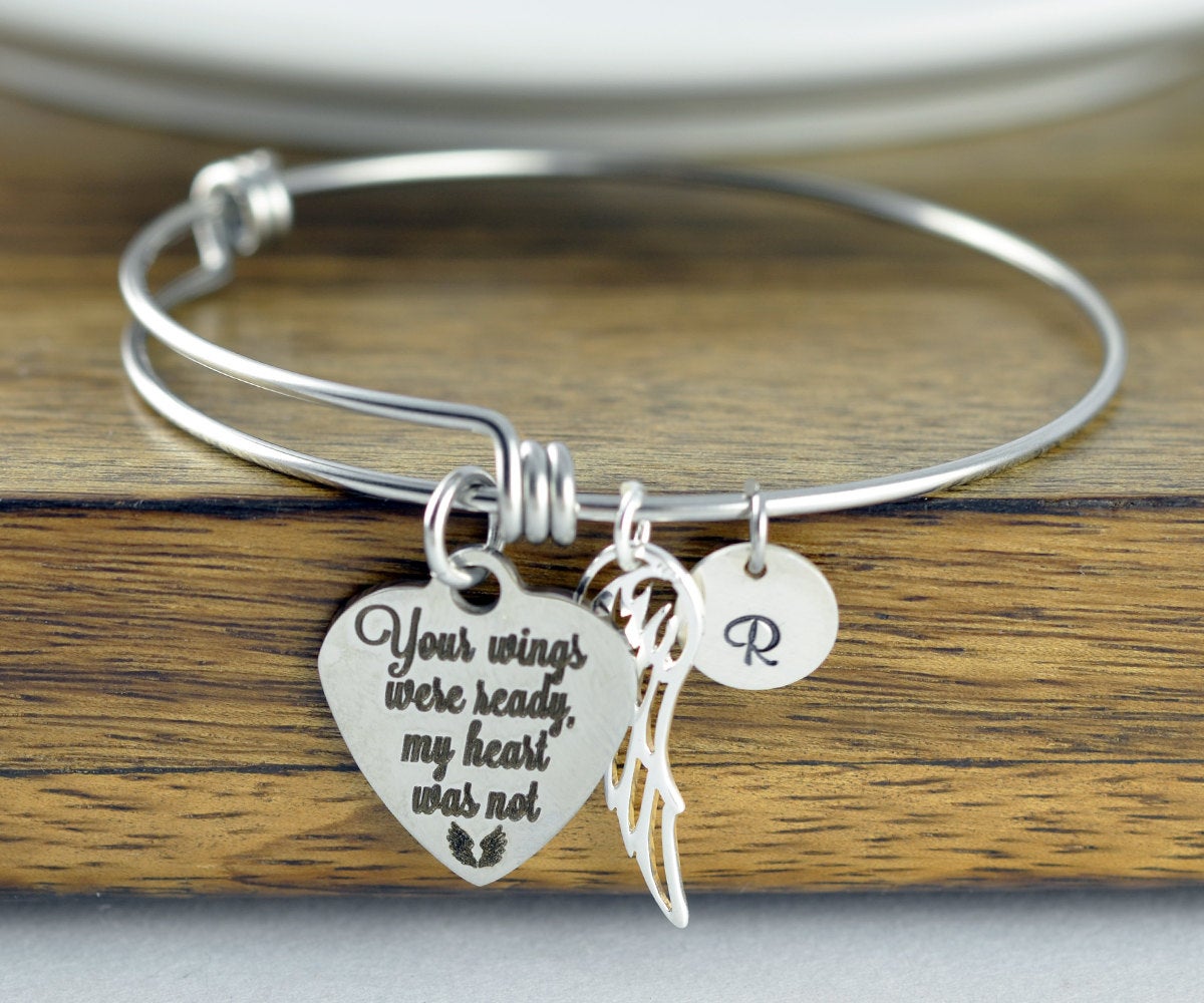 Your Wings Were Ready But My Heart Was Not - Personalized Bangle Bracelet - Remembrance Jewelry - Remembrance Bracelet - Memorial Gift