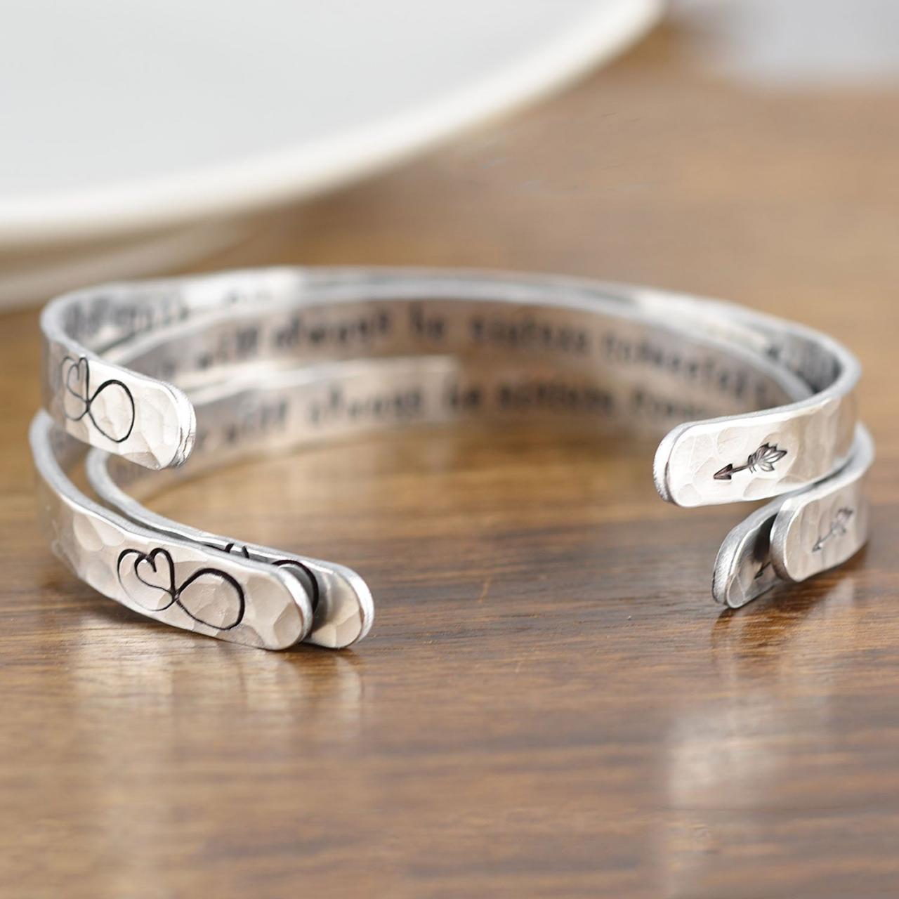 Cuff Bracelet, Sisters Bracelet, Sisters Jewelry, Sisters Distance Gift, Sisters Side By Side, Sisters Connected By Heart, Sisters Cuff