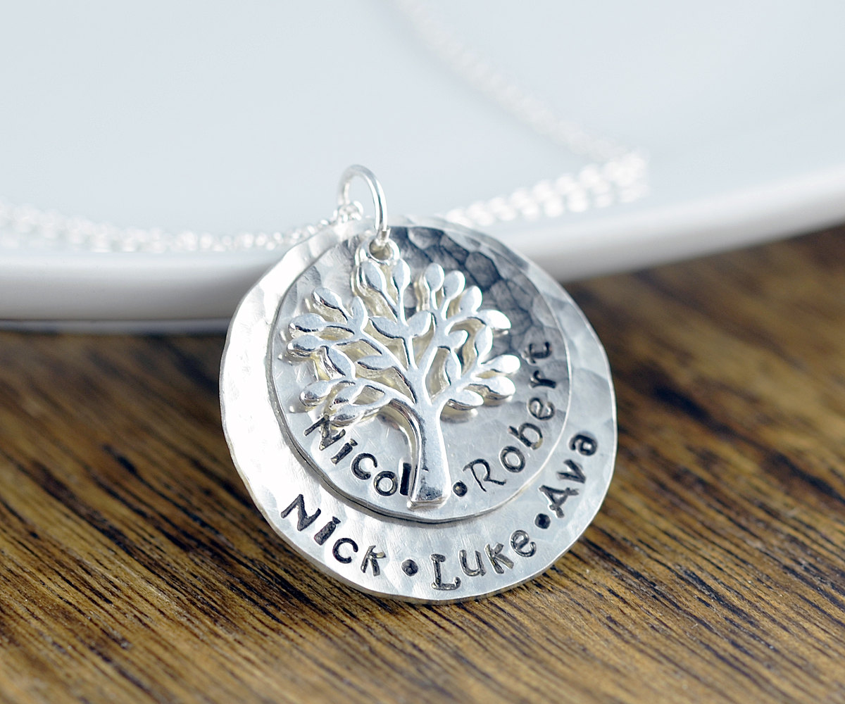 Silver Family Tree Necklace - Mother's Necklace - Tree Of Life Necklace , Kids Name Necklace, Mothers Day Gift, Grandmother Necklace