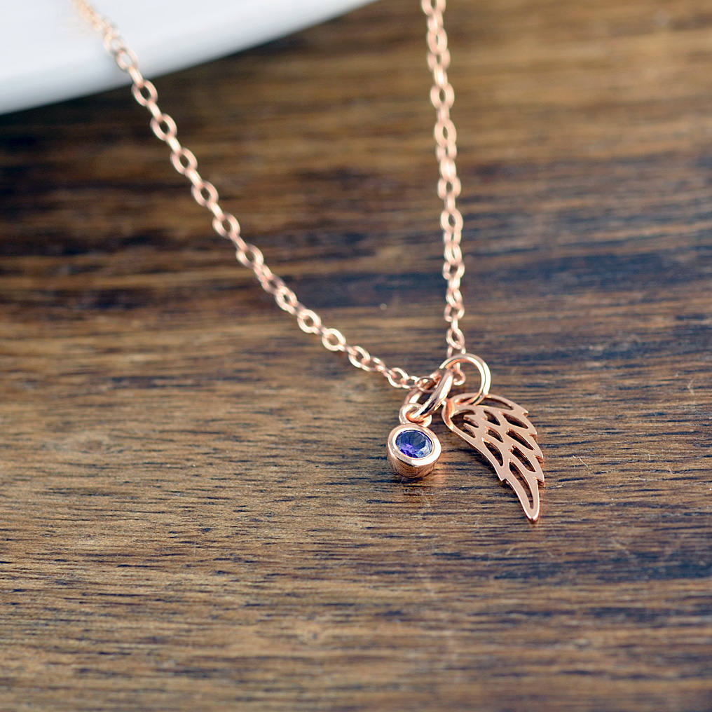 Rose Gold Wing Necklace, Angel Wing Charm Necklace, Birthstone Necklace, Memorial Jewelry, Wing Necklace, Remembrance Gifts