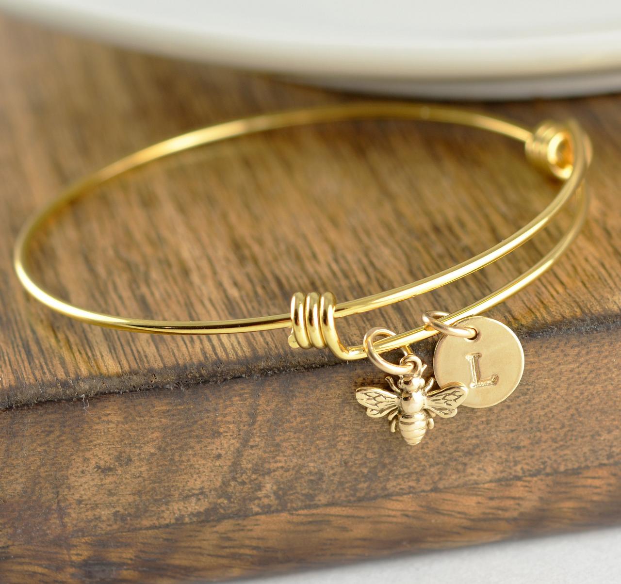 Gold Bee Bracelet, Initial Bracelet Gold, Initial Bee Bracelet, Gold Bee Bracelet, Bumble Bee Bracelet, Honeybee Jewelry