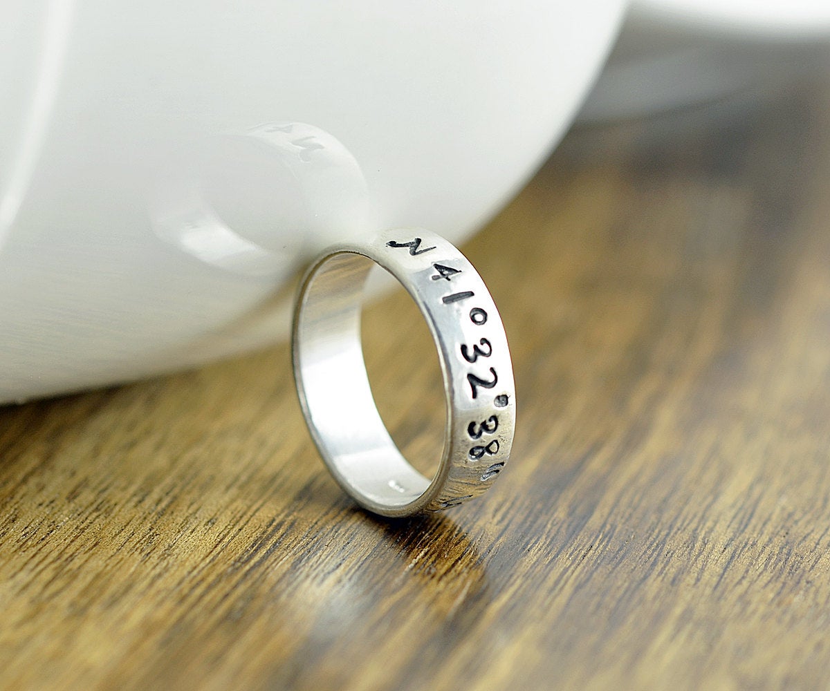 Coordinate Ring, Latitude Longitude Ring, Custom Coordinates, Coordinate Jewelry, Hand Stamped Ring, Sterling Silver Ring