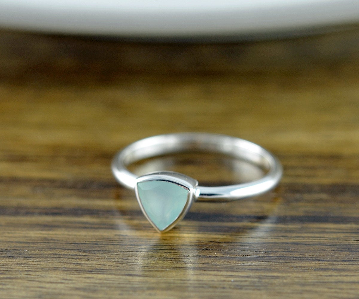Sterling Silver Trillion Aqua Chalcedony Ring - Boho Ring - Gemstone Ring - Gem Ring - Gemstone Jewelry - Solitaire Ring - Stackable Ring