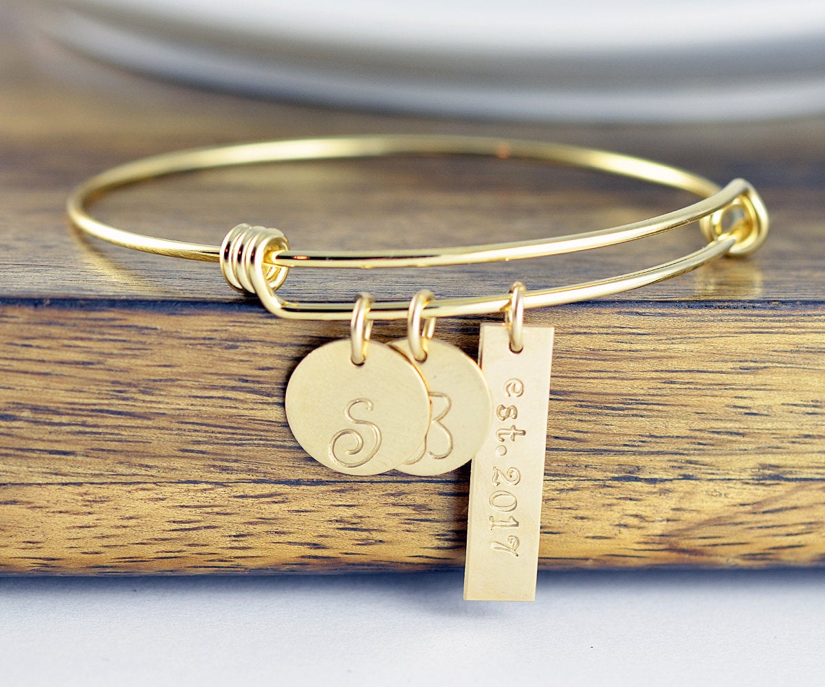 Gold Bracelet Bangle, Personalized Bracelet, Initial Bracelet, Wedding Date Jewelry, Date Bracelet, Anniversary Gift For Wife