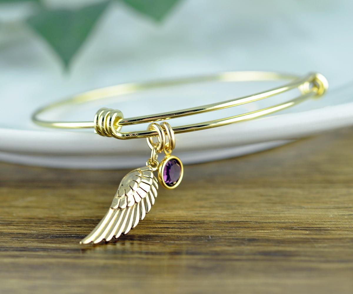 Angel Wing Bracelet, Friendship Bracelet, Angel Wing Jewelry, Angel Wing Bangle Bracelet, Birthstone Bangle, Memorial Jewelry