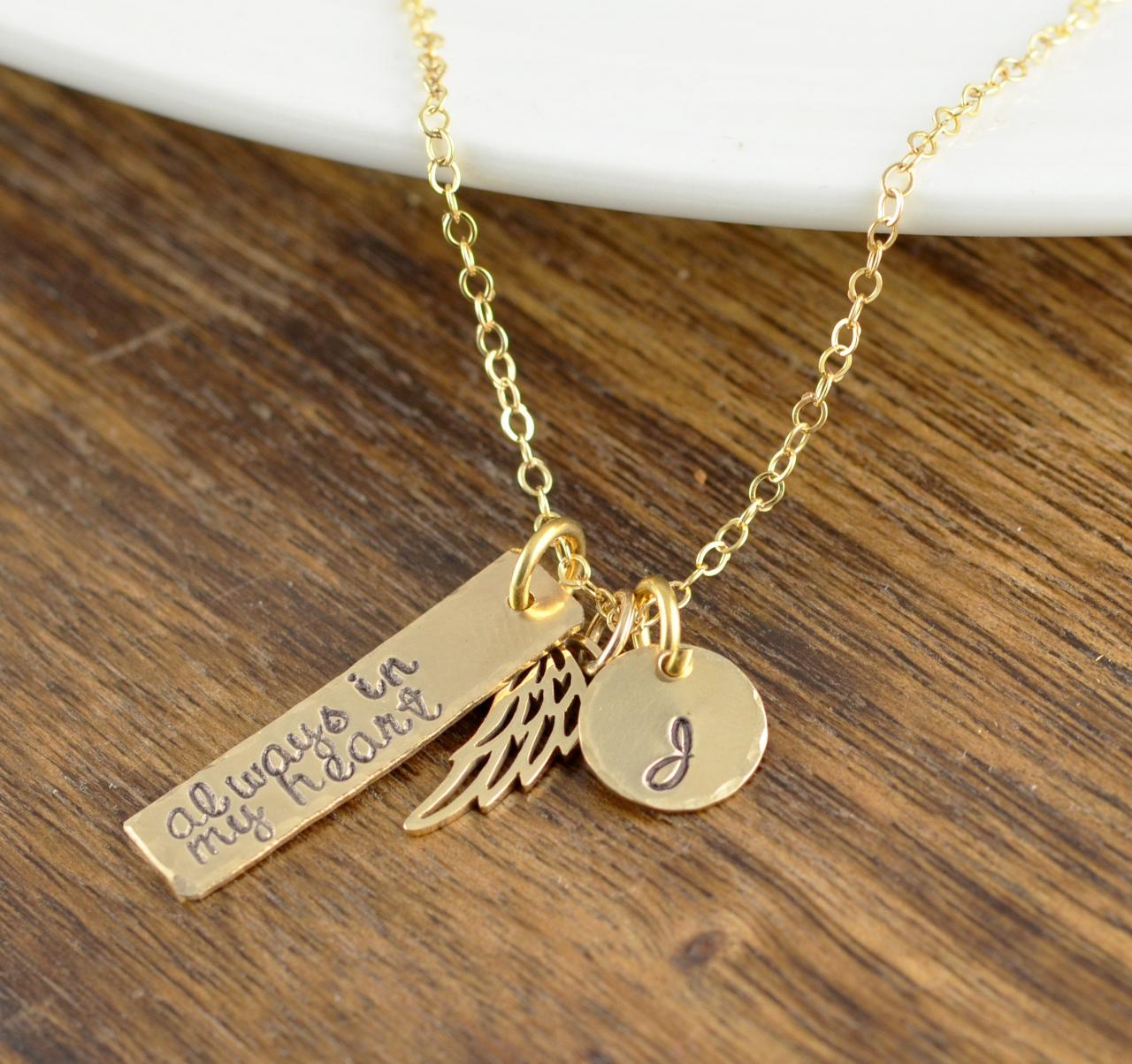Always in my Heart, Gold Initial Necklace, Personalized Angel Wing Necklace, Memorial Necklace, Memorial Jewelry, Remembrance Gifts