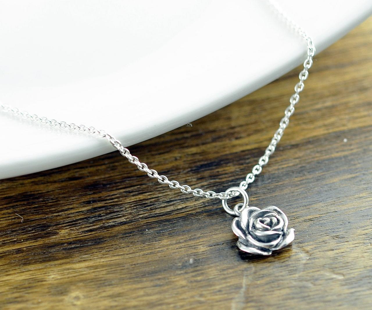 Sterling Silver Rose Necklace - Rose Flower Necklace - Sterling Silver Rose Charm - Flower Jewelry - Dainty Silver Necklace