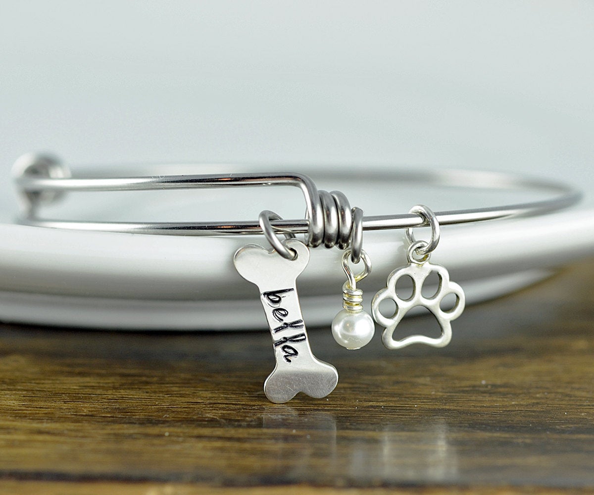 Silver Dog Bone Bracelet - Personalized Dog Bracelet - Dog Paw Bracelet - Dog Lover Jewelry - Paw Print - Pet Memorial - Dog Bone Charm