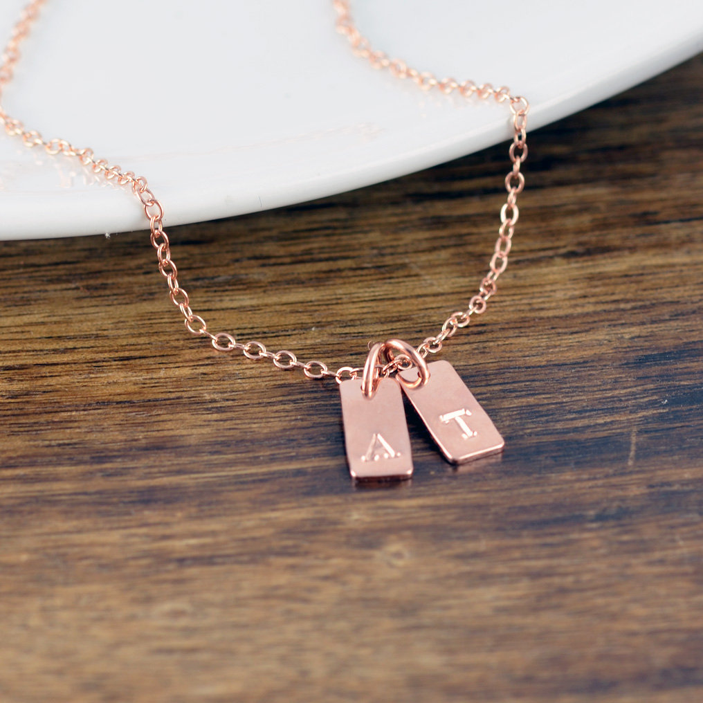 Rose Gold Tag Necklace - Initial Charm Necklace - Personalized Tag Necklace - Hand Stamped Jewelry - Personalized Hand Stamped Necklace