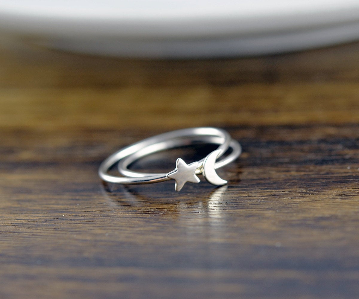 Sterling Silver Moon And Star Ring Set - Crescent Moon Ring, Silver Moon Ring, Silver Star Ring, Stacking Rings, Celestial Jewelry