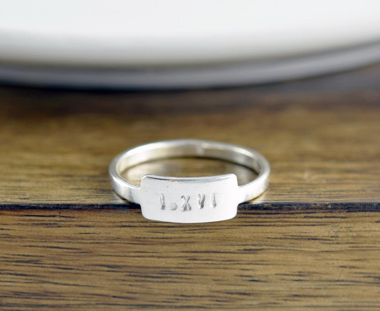 Name Ring, Sterling Silver Ring, Roman Numeral Ring, Personalized Ring, Hand Stamped Tab Ring, Silver Stacking Rings, Gift For Her