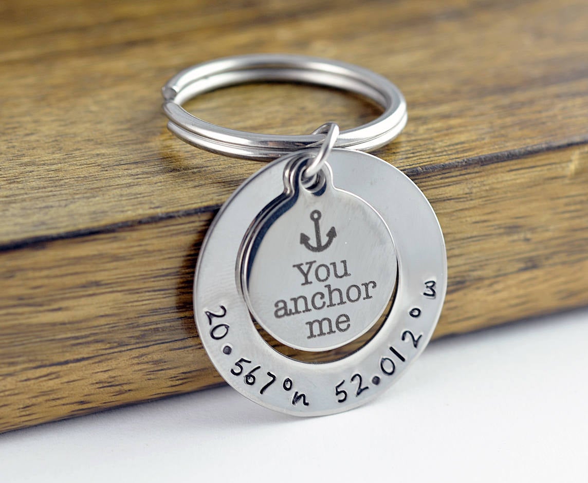 Engraved Keychain, You anchor Me, Coordinate Keychain, Gift for Boyfriend, Birthday Gift, Wedding Jewelry, Couples Jewelry, for him