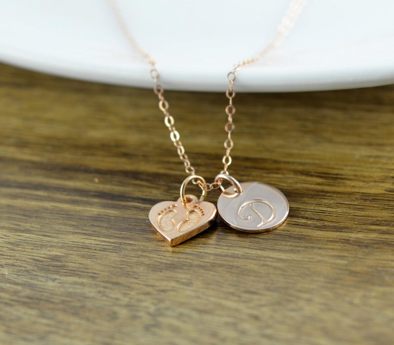 Rose Gold Necklace, Rose Gold Jewelry, New Mom Gift, New Baby Gift, Baby Feet Charm, Personalized Initial Necklace, Rose Gold Jewelry