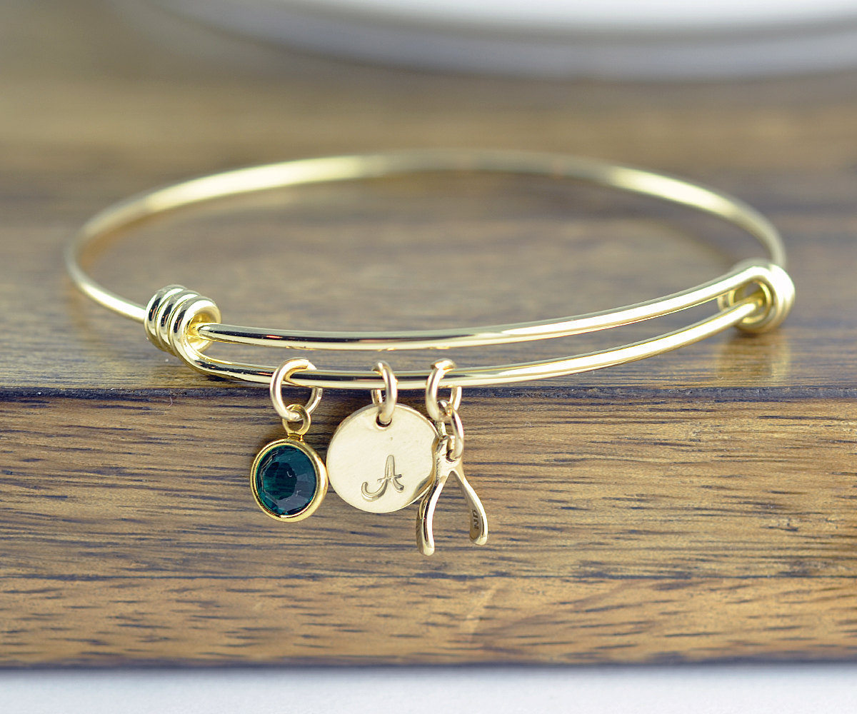 Gold Initial Bracelet - Hand Stamped Jewelry - Luck Bracelet - Wish Bone Bracelet - Engraved Bracelet - Wishbone Bracelet - Birthstone