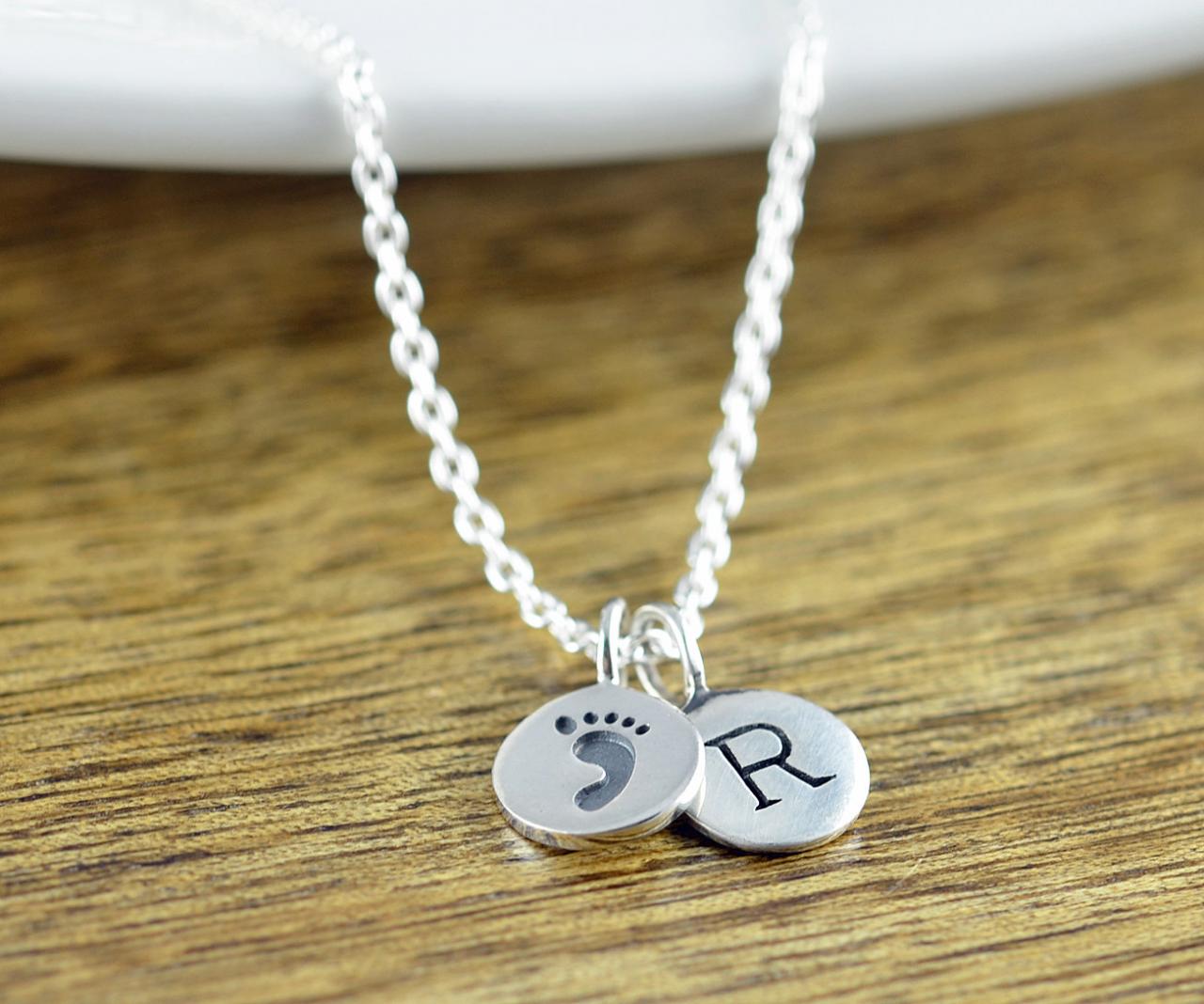 Baby Footprint Necklace - Mom Gift - Sterling Silver Charm Necklace - Personalized Initial Jewelry - Custom Push Present Necklace