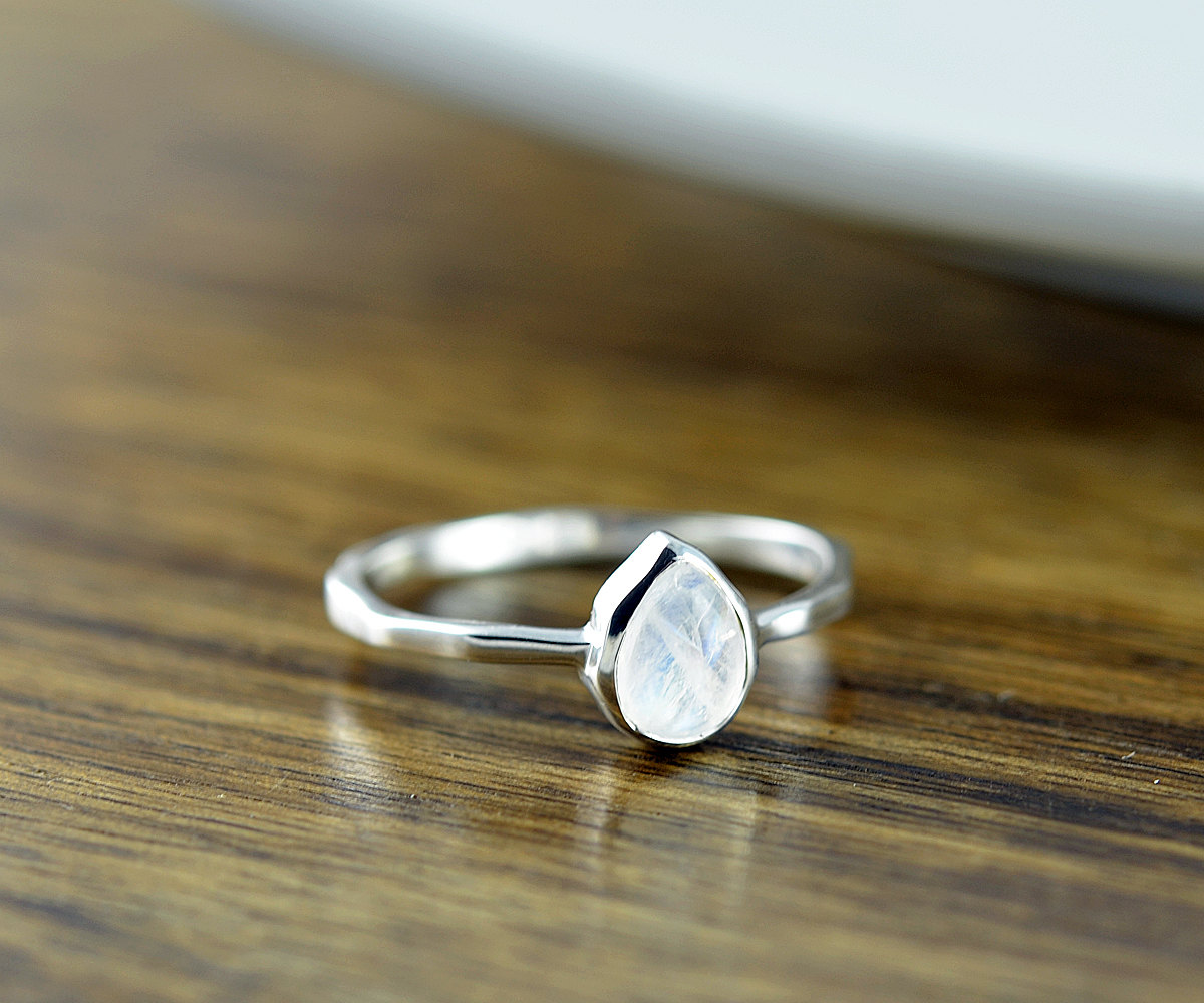Sterling Silver Pear Moonstone Ring - Moonstone Ring - Statement Ring - Gemstone Ring - Solitaire Ring - Stacking Rings - Gift For Her