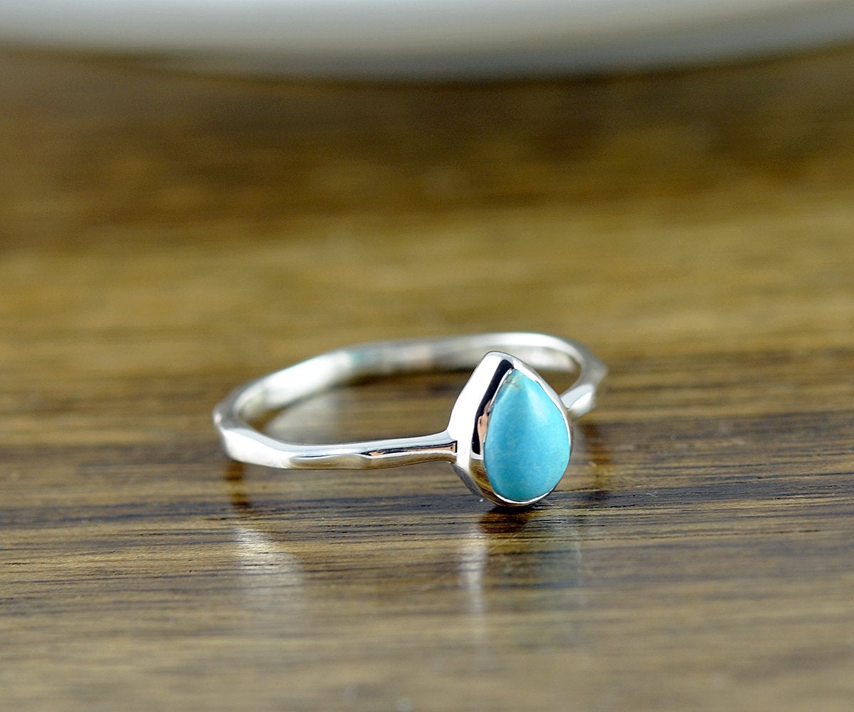 Sterling Silver Pear Turquoise Ring, Turquoise Ring - December Birthstone Ring - Gem Ring - Solitaire Ring - Stackable Ring - Tear Drop Ring