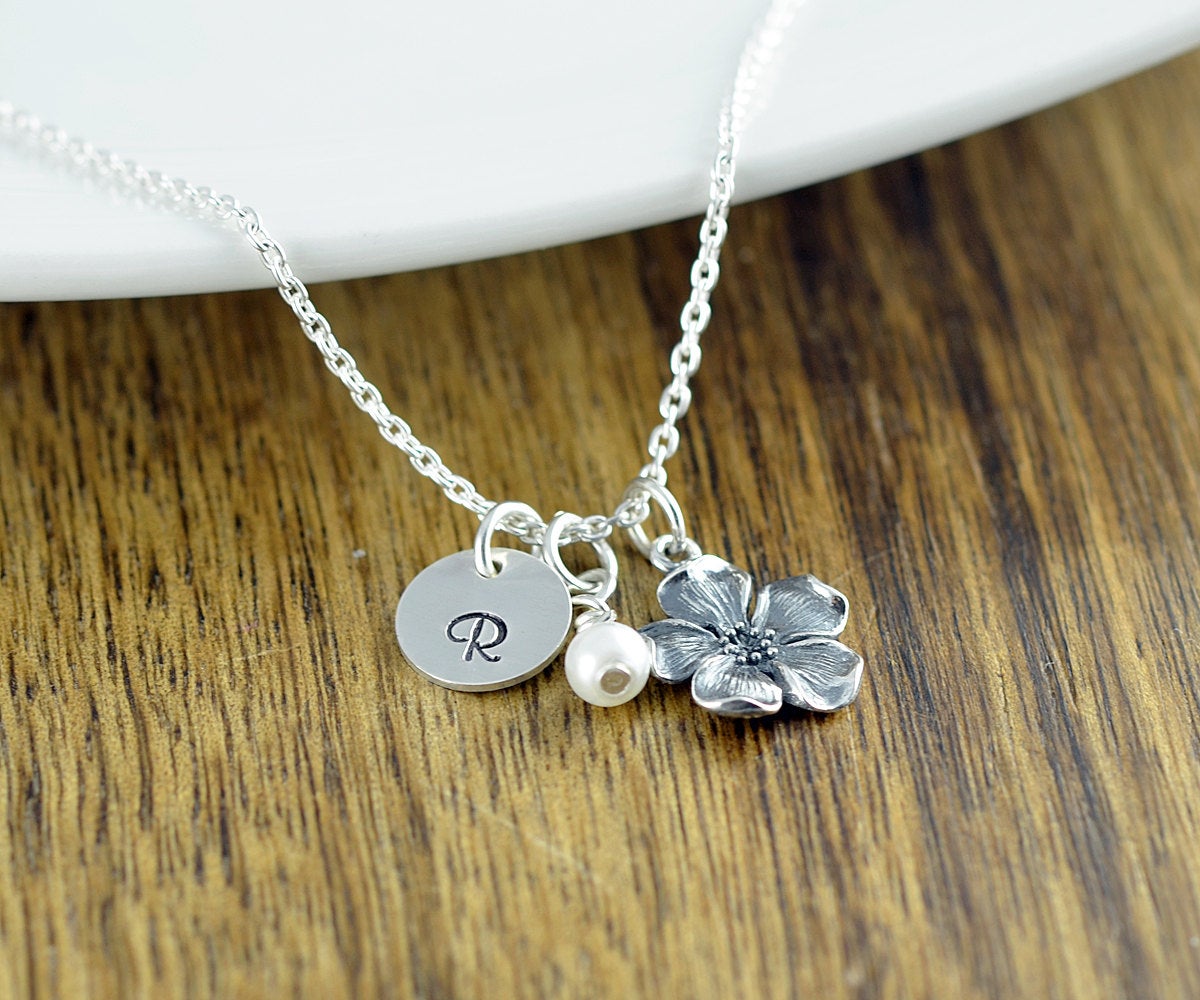 Silver Cherry Blossom Necklace - Flower Necklace - Sterling Silver Flower Charm - Flower Jewelry - Personalized Necklace, Initial Charm