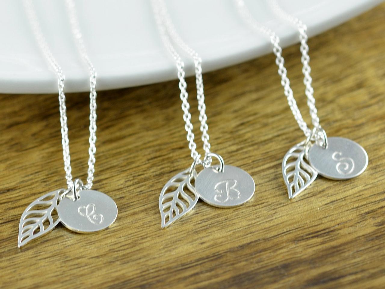 Silver Initial Necklace - Bridal Party Jewelry - Silver Leaf Necklace - Leaf Necklace Silver - Wedding Necklace Bridal Jewelry