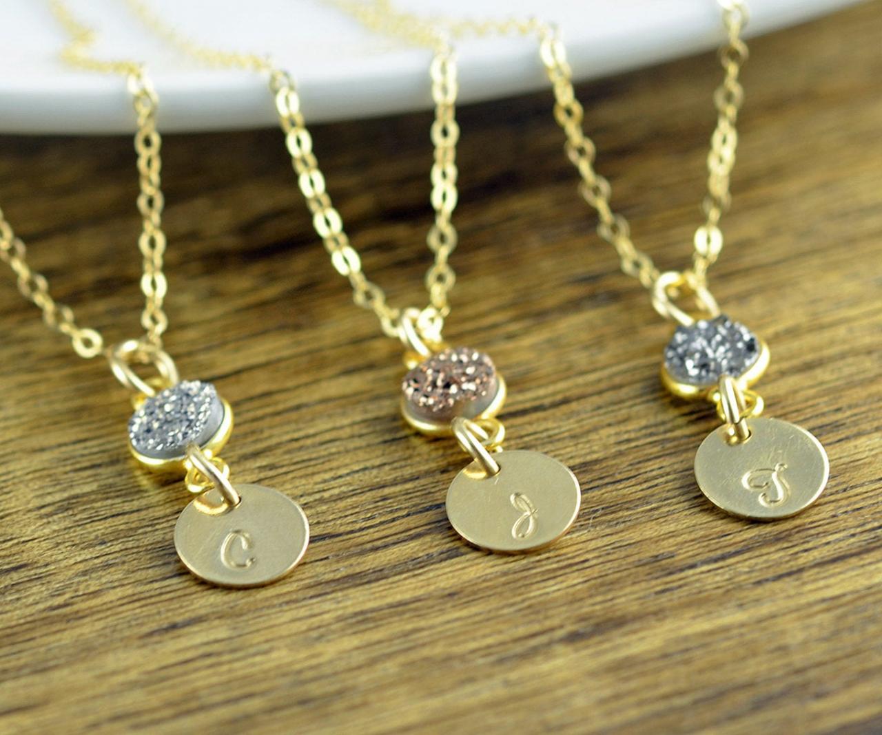 Gold Initial Necklace - Personalized Hand Stamped Initial Necklace - Druzy Jewelry - Druzy Necklace - Bridesmaid Gift - Bridesmaid Jewelry