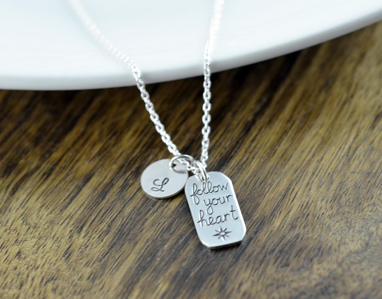 Personalized Silver Follow Your Heart Necklace - Follow Your Heart Necklace, Follow Your Heart Charm, Inspirational Romantic Jewelry