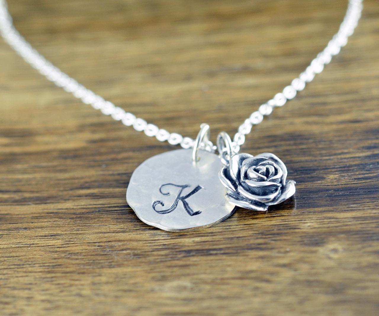 Rose Necklace, Initial Necklace, Hand Stamped, Personalized, Monogram - Rose Flower Necklace - Flower Jewelry -