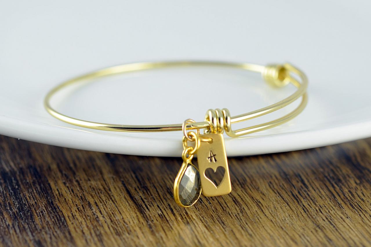 Gold Heart Bracelet - Heart Charm Bracelet - Heart Bracelet - Gemstone Bracelet - Hand Stamped Bracelet - Gift For Her - Gift For Wife