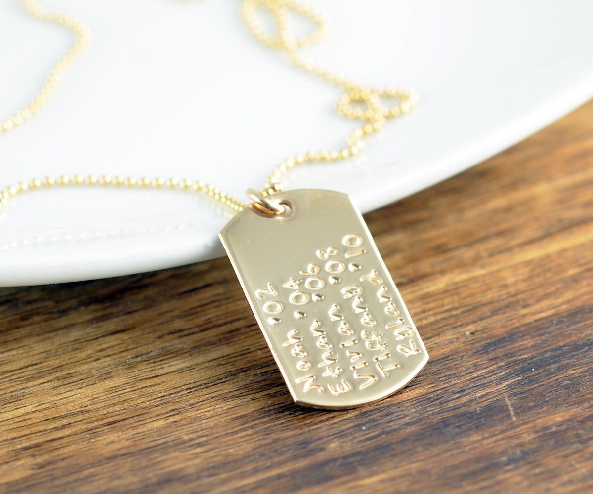 Personalized 14k Gold Filled Dog Tag Necklace, Hand Stamped Dog Tag Necklace, Anniversary Gift, Name Necklace,gift For Dad, Gift For Mom