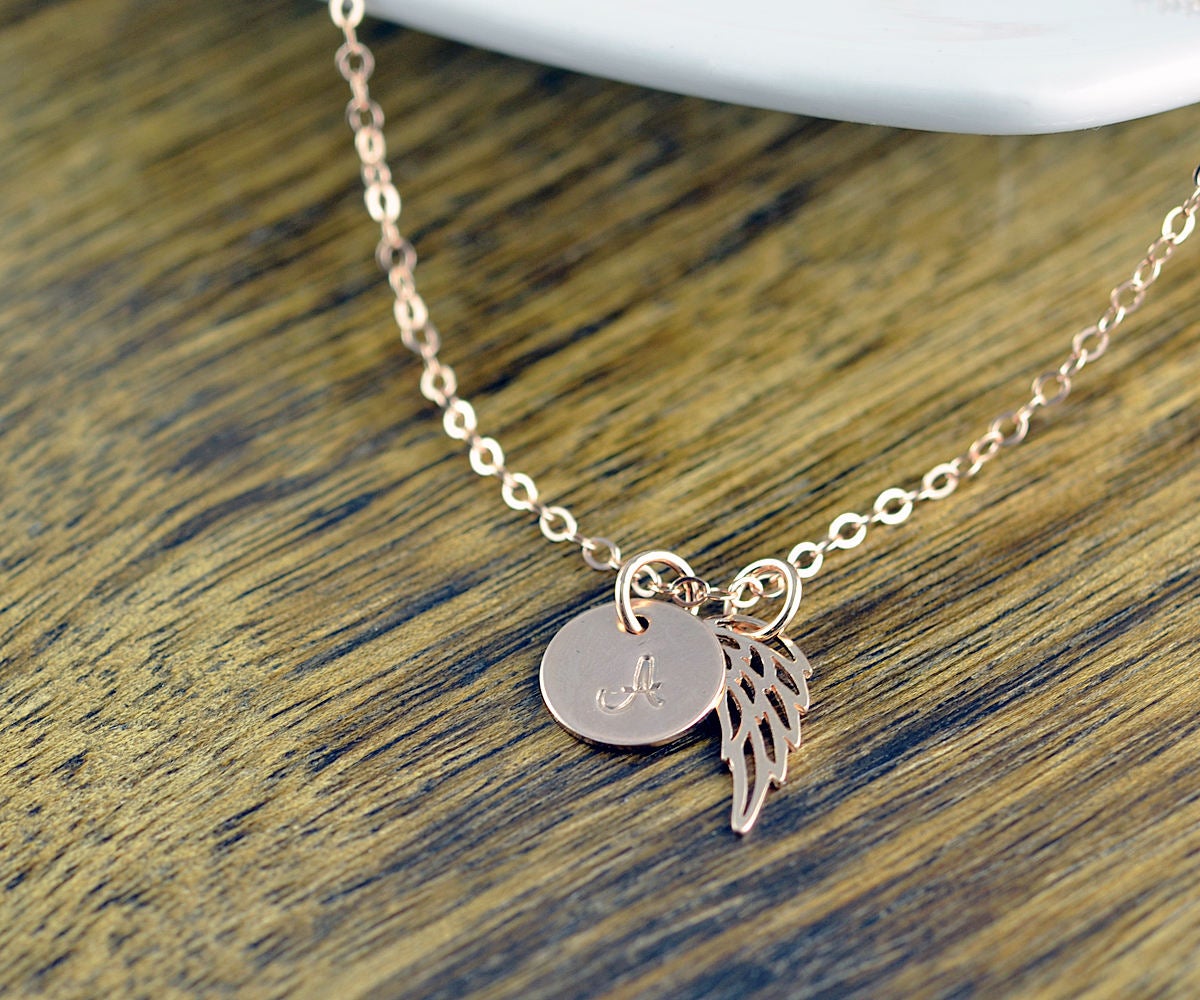 Rose Gold Initial Necklace, Personalized Angel Wing Necklace, Memorial Necklace, Memorial Jewelry, Initial Wing Necklace, Remembrance Gifts