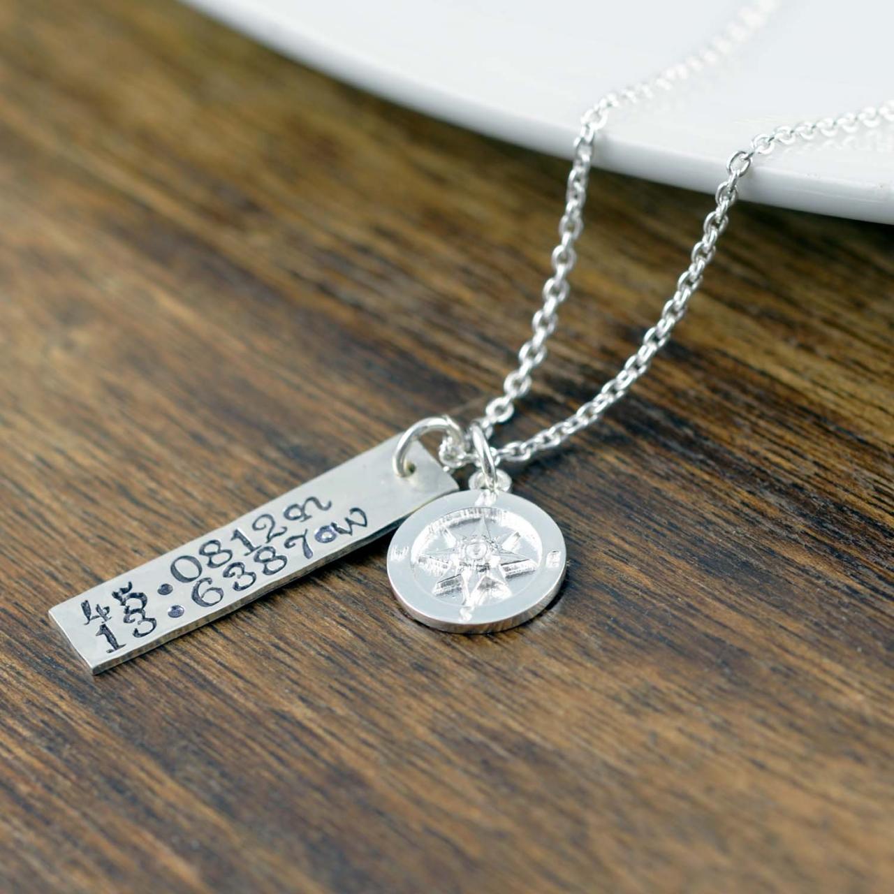 Coordinate Necklace, Latitude Longitude Necklace, Custom Coordinates, Coordinate Jewelry, Hand Stamped Necklace, Sterling Silver Compass