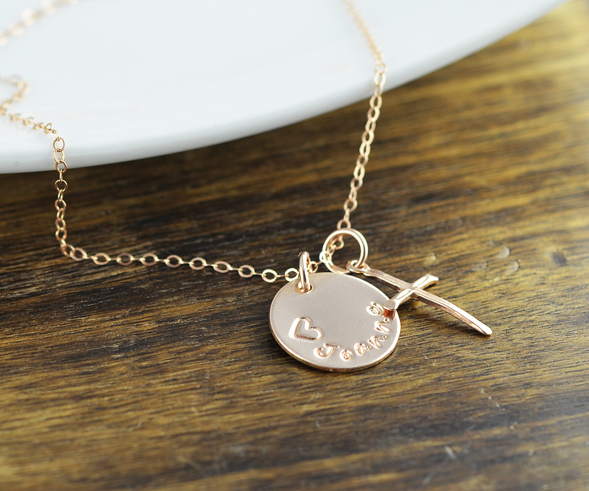 Rose Gold Cross Necklace -personalized Name Necklace, Personalized Hand Stamped Necklace, Rose Gold Jewelry, Cross Necklace, Gift For Her