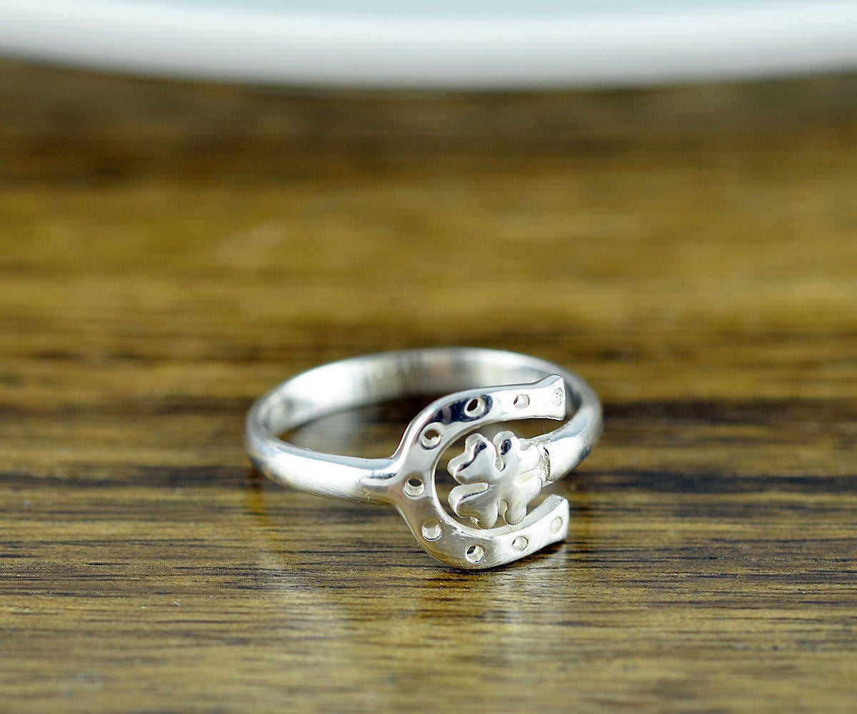Four Leaf Clover Ring - Horseshoe Ring- Clover Ring- Adjustable Ring - Sterling Silver Ring - Sterling Silver Shamrock Ring- Plant Jewelry