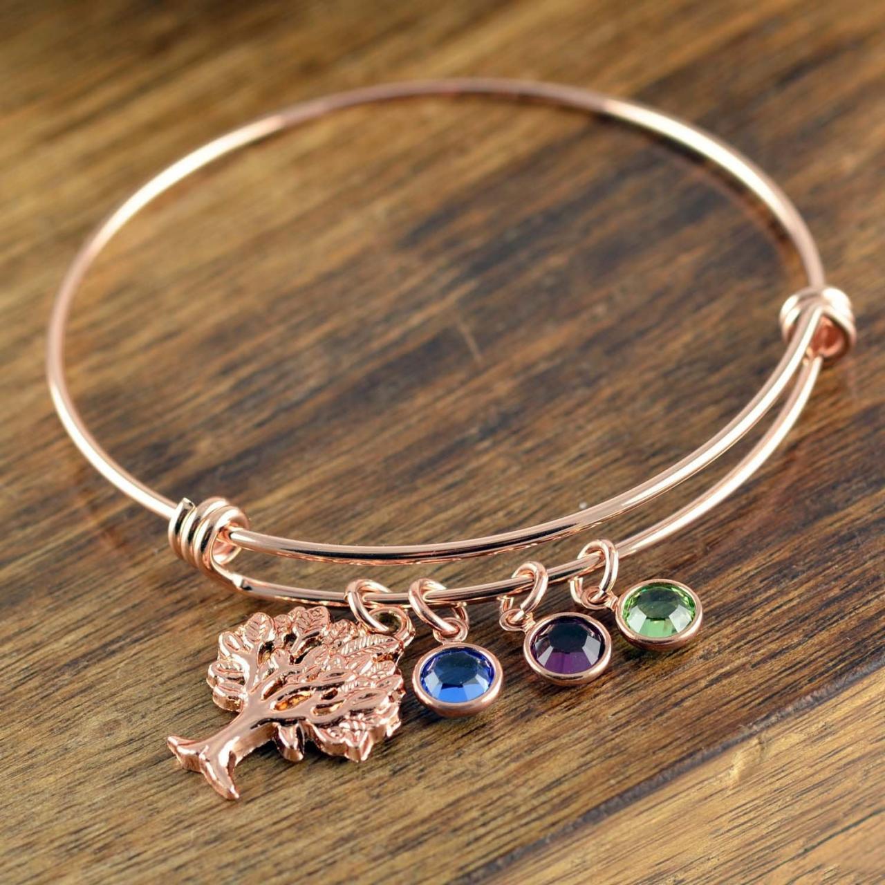 Grandmother Bracelet, Personalized Birthstone Bracelet, Tree Of Life Charm Bracelet, Mom Bracelet, Rose Gold Bracelet