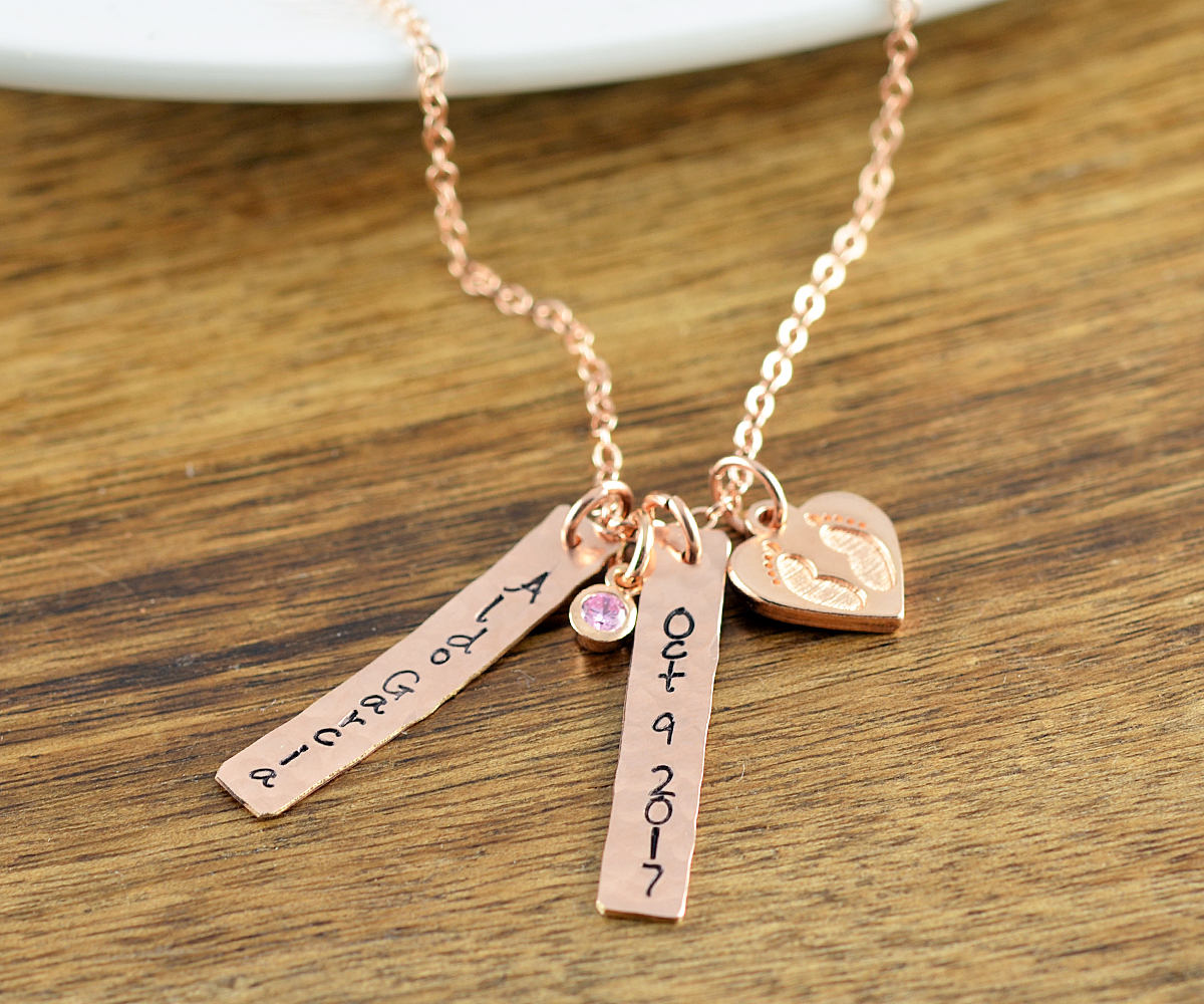 Rose Gold Baby Name Date Necklace, Mommy Necklace, New Mom Gift, Baby Birth Necklace, Mommy and Me, Personalized Baby Name Necklace