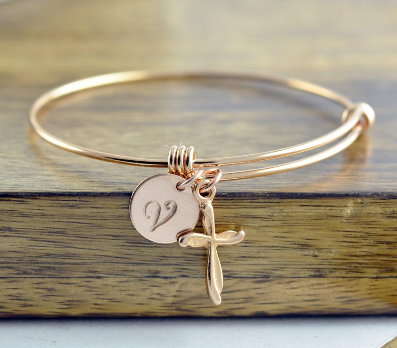 Rose Gold Cross Bracelet -personalized Initial Bracelet, Personalized Hand Stamped Bracelet, Rose Gold Jewelry, Cross Bracelet, Gift For Her