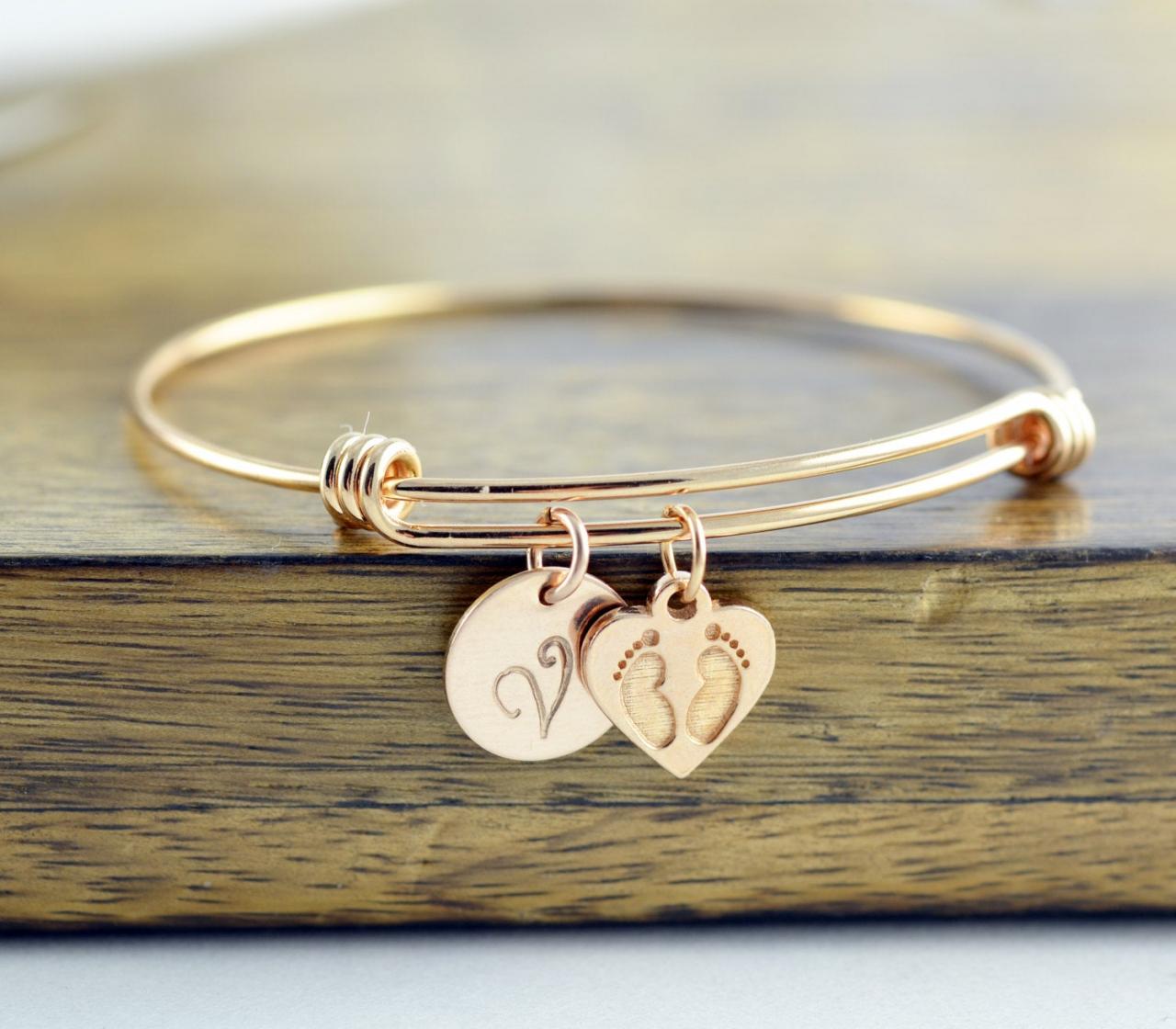 Personalized Initial Bracelet, Mom Gift, Personalized Rose Gold Bracelet, Baby Gift, Baby Feet Charm, Gift For Her