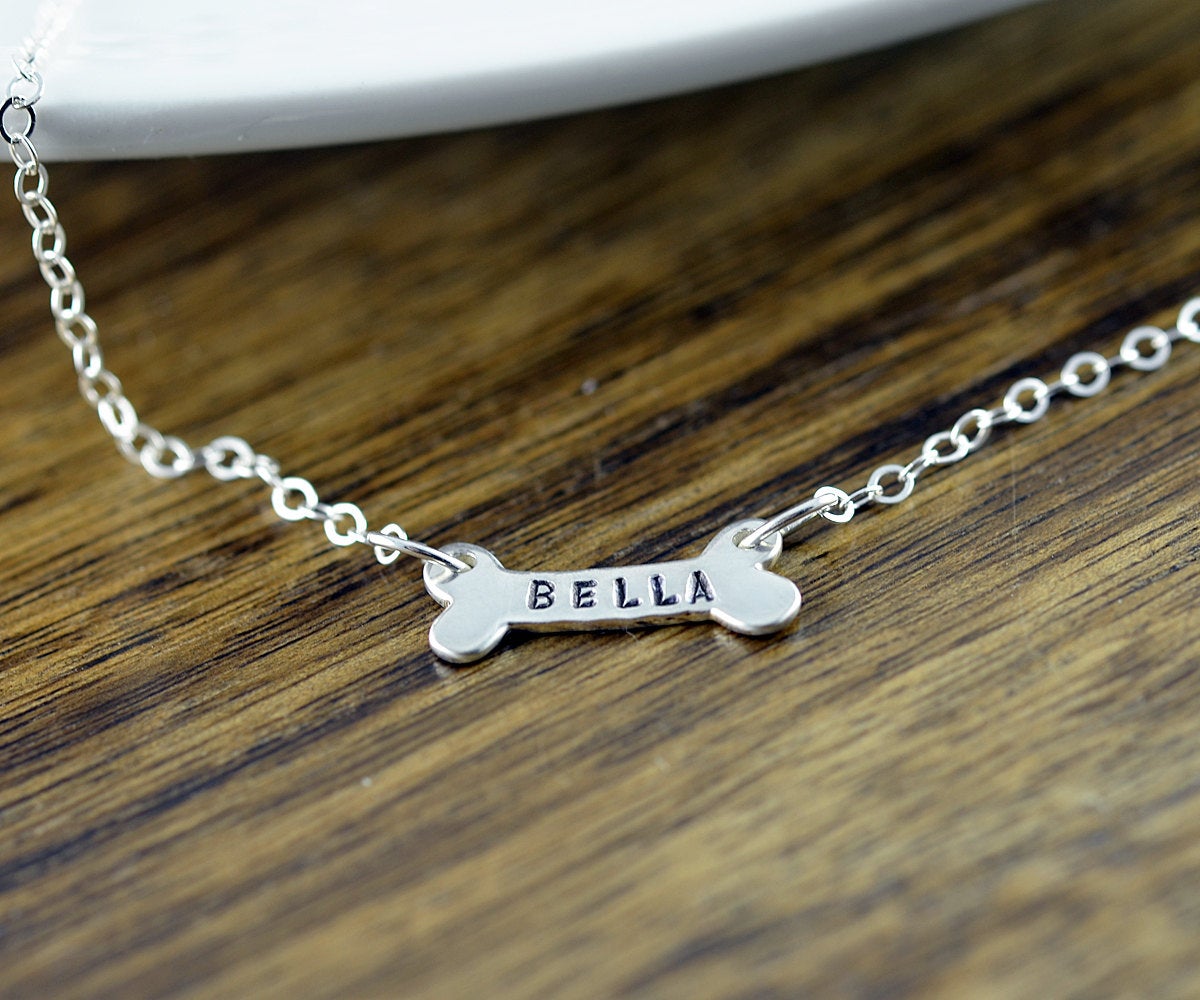 Dog Bone Necklace Personalized With Dog Name. Pet Jewelry Gift For Her, Hand Stamped, Silver Jewelry, Sterling Silver Dog Necklace