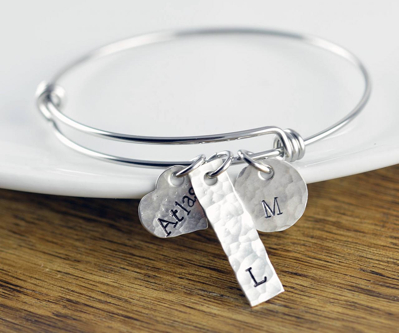 Personalized Bracelet - Silver Bangle Bracelet - Personalized Bracelet - Bangle Bracelet With Charms - Name Bracelet - Mothers Bracelet