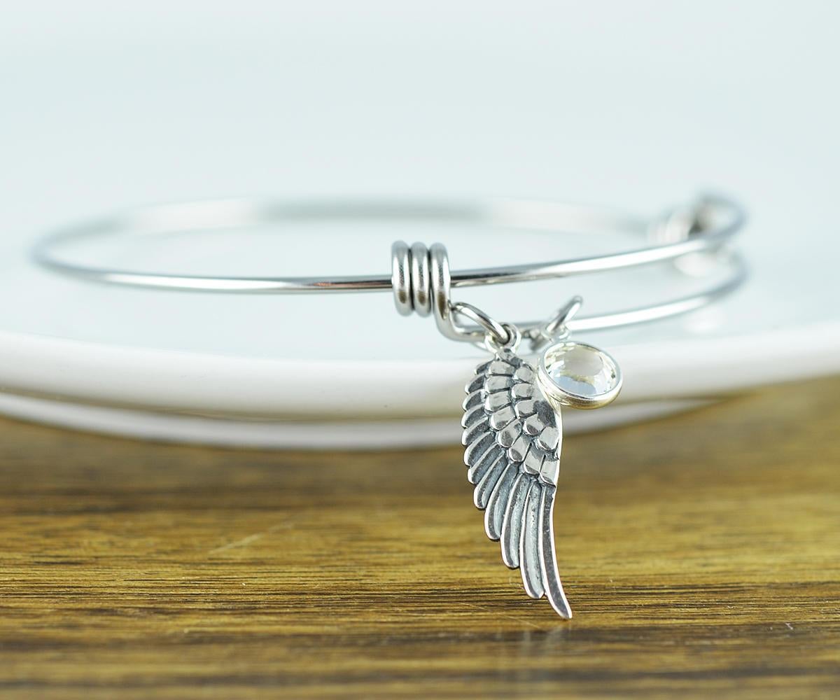 Silver Angel Wing Bracelet, Angel Wing Jewelry, Angel Wing Bangle Bracelet, Memorial Jewelry, Sympathy Gift, Birthstone Bracelet