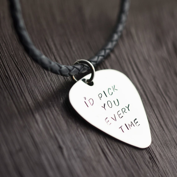 Personalized Handstamped Guitar Pick Necklace, Men's Personalized Guitar Pick Necklace, Gift For Men - I'd Pick You Every Time