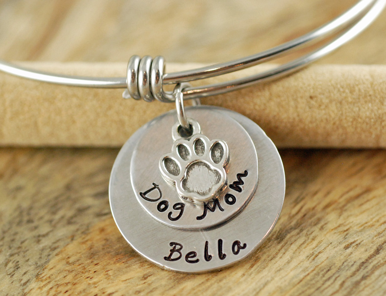 Personalized Hand Stamped Bangle Bracelet, Dog Mom Bracelet, Name Charm, Animal Lover Gift, Alex And Ani Inspired, Gift For Her