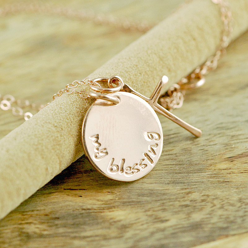Personalized Jewelry - Mom Necklace - My Blessings - Gift For Her - Rose Gold Necklace - Personalized Hand Stamped Necklace - Cross Charm