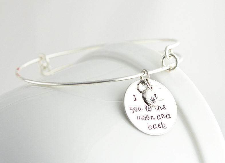 Personalized Bangle Bracelet, Bangle Charm Bracelet, I Love You To The Moon And Back, Womens Jewelry, Alex And Ani Inspired