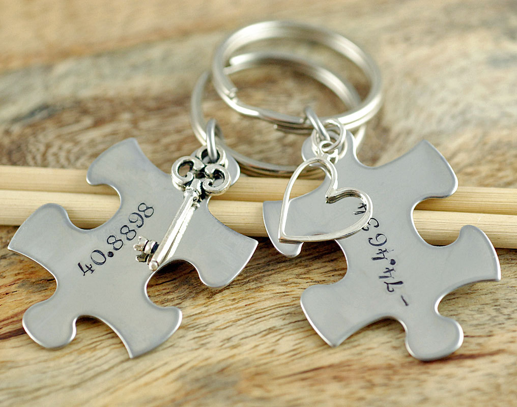 Personalized Keychain, Puzzle Piece Keychain, Hand Stamped Key Chain, Personalized Puzzle Piece Keychain Set - Couple Keychain Set