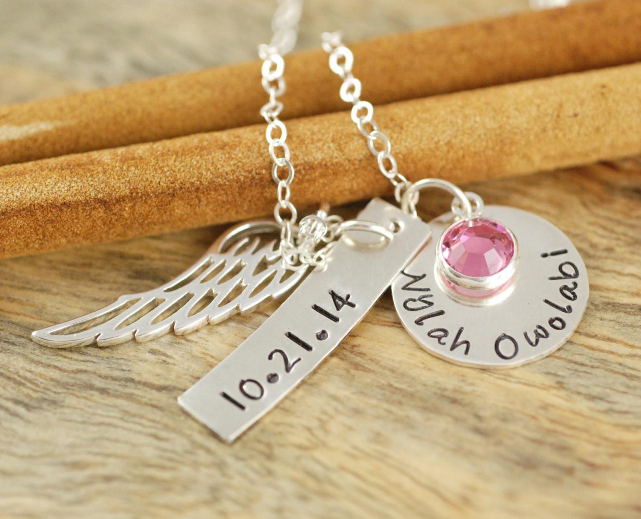 Personalized Hand Stamped Necklace, Angel Wing Necklace, Remembrance Necklace ,birthstone Jewelry, Gift For Her, Mother Jewelry