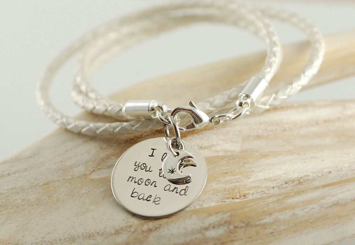 Personalized hand stamped Bracelet,I love you to the moon and back leather wrap bracelet