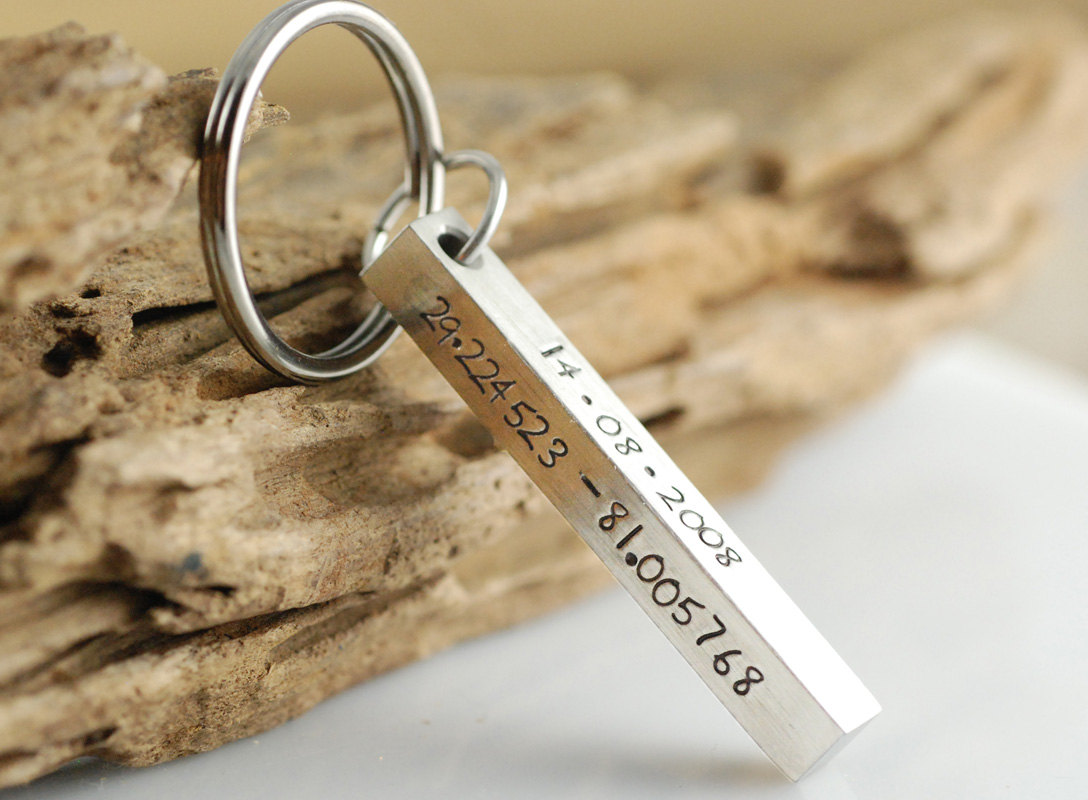 Personalized Hand stamped key chain, fathers day gift, bar key chain, coordinates