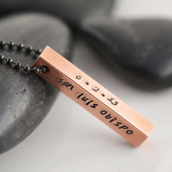 Personalized Hand Stamped Copper Bar, Mens Copper Pendant Necklace