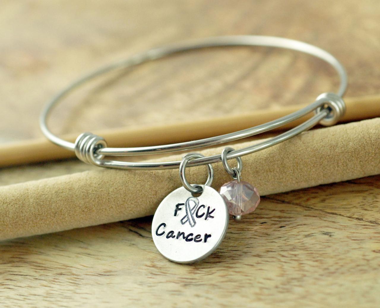Personalized Hand Stamped Bangle Bracelet Breast Cancer Awareness